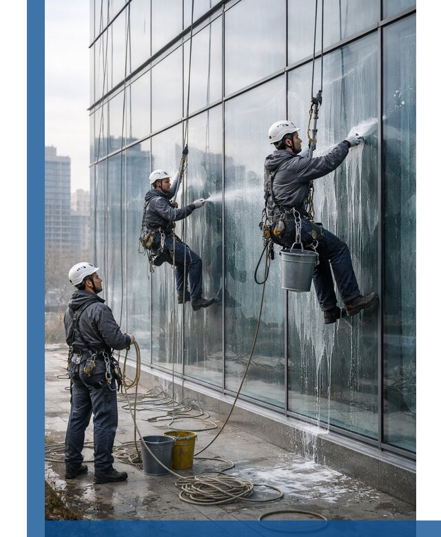 Промышленная мойка панорамных окон на высоте в Раменском