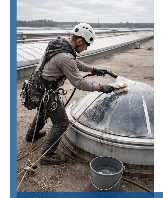 Мойка зенитных фонарей на кровле для промышленных объектов в Раменском