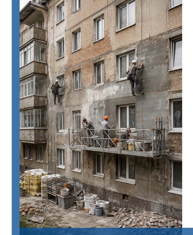 Капитальный ремонт фасада в Раменском с восстановлением и гидроизоляцией