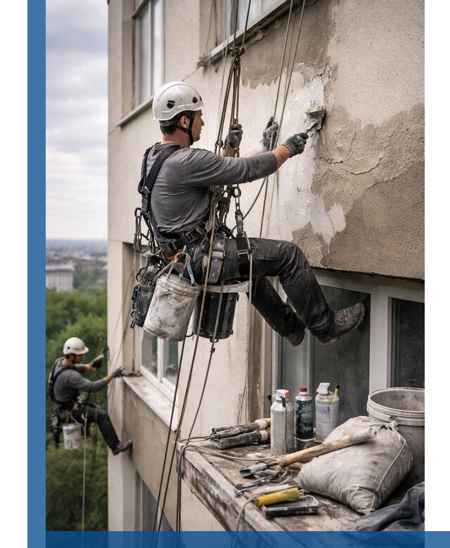 Косметический ремонт фасада зданий в Раменском промышленными альпинистами