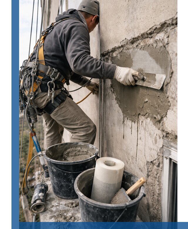 Ремонт бетонных элементов фасада промышленными альпинистами в Раменском