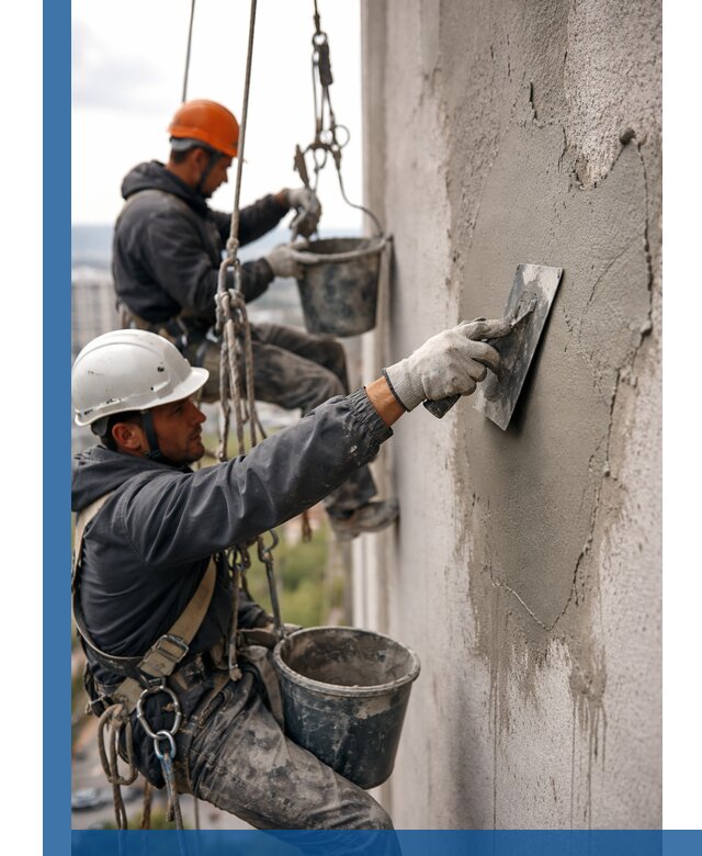 Штукатурка фасада на высоте в Раменском профессиональные работы