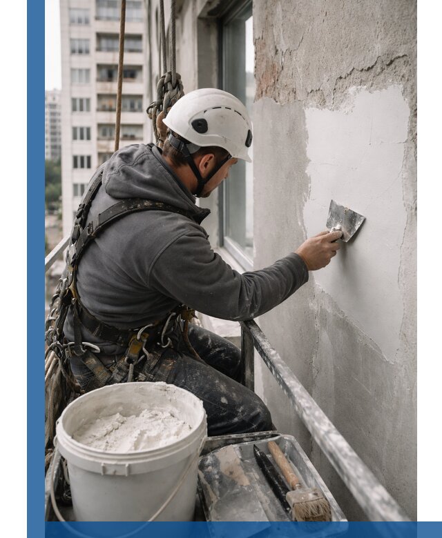 Шпаклевка фасадов на высоте с промальпинистами в Раменском