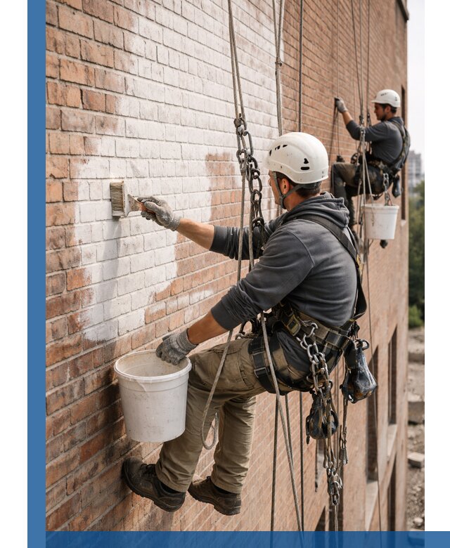 Покраска кирпичного фасада с доступным альпинистским сервисом в Раменском
