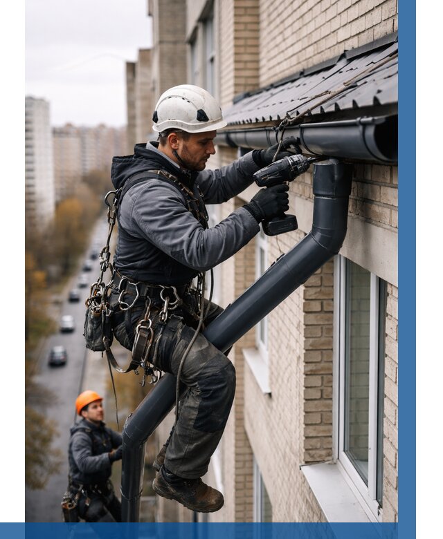 Монтаж водосточной системы на здании в Раменском от 5070 р. | ВЫСОТНИК-Рмн