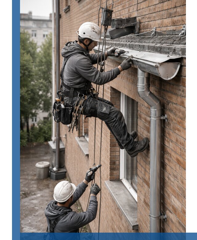 Монтаж водосточной системы на здании в Раменском под ключ