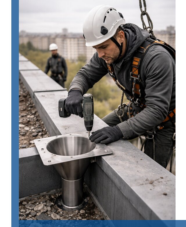 Монтаж водосточных воронок в Раменском для промышленных зданий