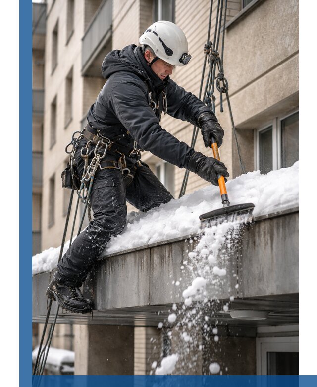 Очистка козырьков от снега в Раменском круглогодично безопасно