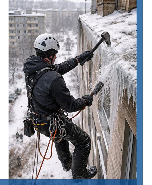 Сбивание сосулек с крыши в Раменском по цене от 4563 р. | ВЫСОТНИК-Рмн