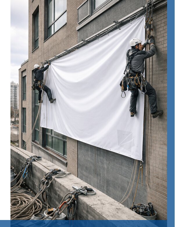 Монтаж баннеров на фасаде в Раменском от 659 р. заказать ВЫСОТНИК-Рмн