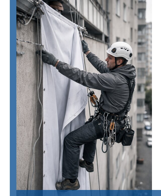 Замена баннерного полотна промышленными альпинистами в Раменском