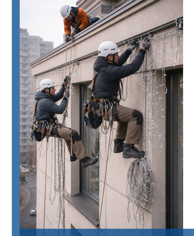 Монтаж праздничных гирлянд на фасаде в Раменском для зданий