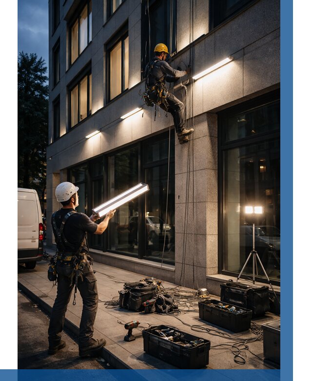 Монтаж архитектурной подсветки здания в Раменском от 2535 р.|ВЫСОТНИК-Рмн