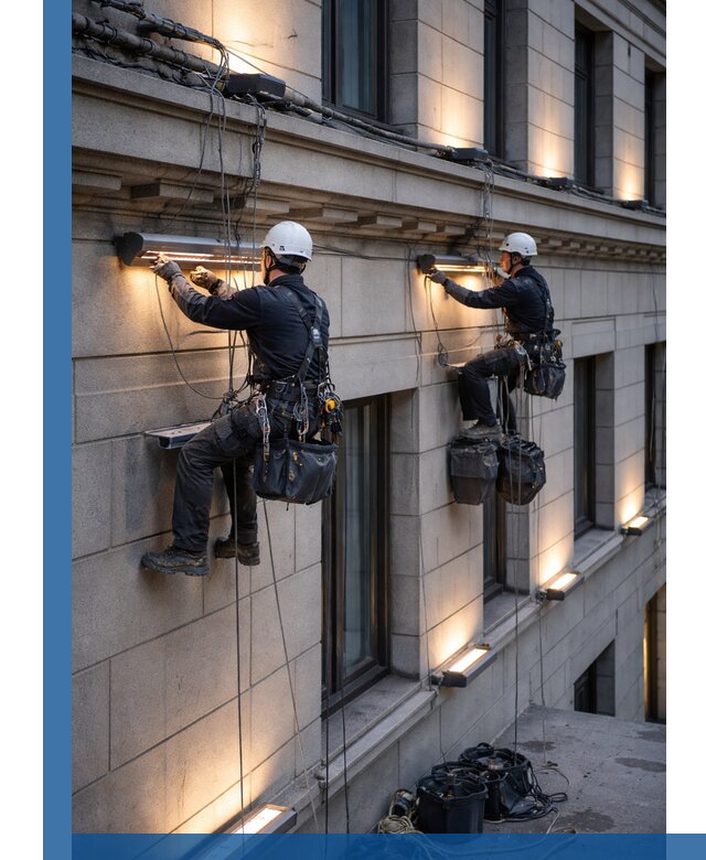 Монтаж архитектурной подсветки фасадов зданий в Раменском