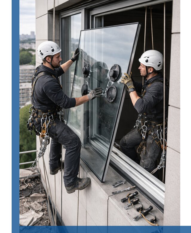 Замена стеклопакетов на высоте с промышленными альпинистами в Раменском
