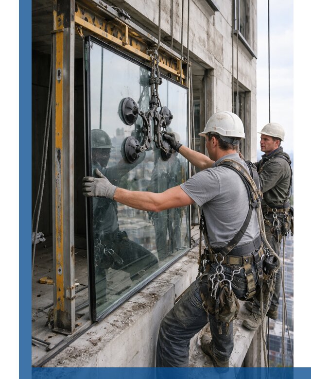 Монтаж стеклопакетов на высоте в Раменском с промышленным альпинизмом