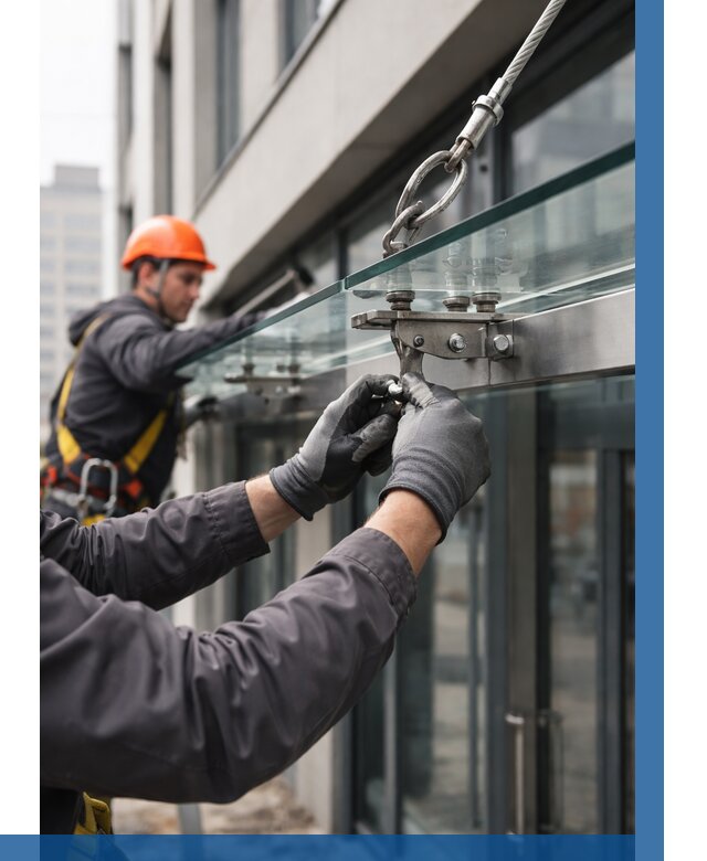 Монтаж стеклянных козырьков в Раменском от 8618 р. | ВЫСОТНИК-Рмн