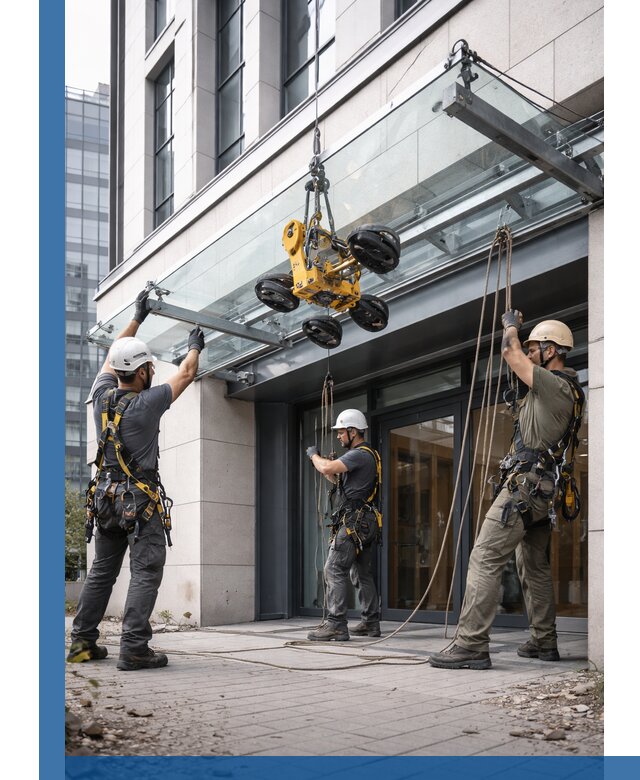 Монтаж стеклянных козырьков под ключ в Раменском для зданий