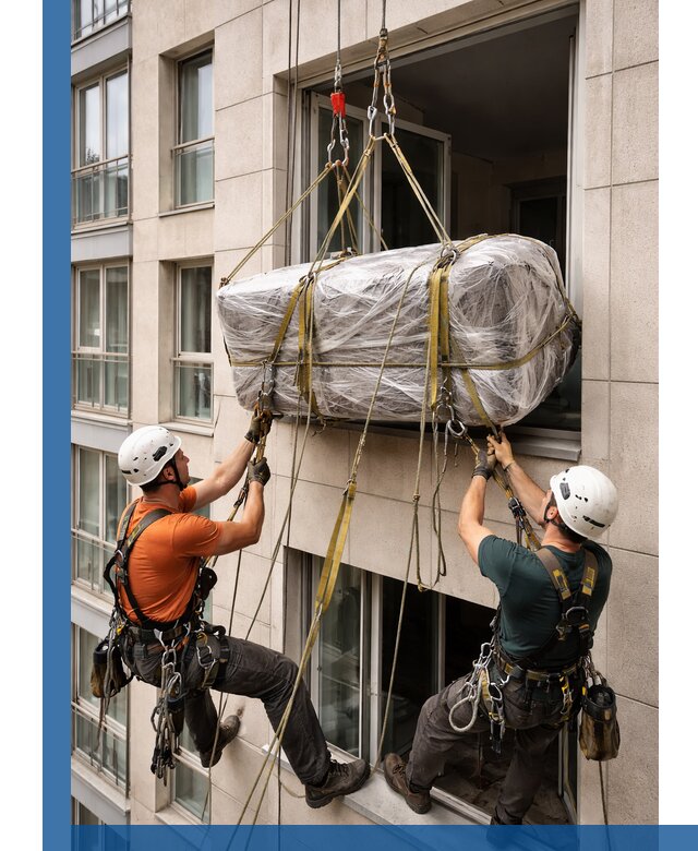 Подъем грузов через окно в Раменском промышленными альпинистами