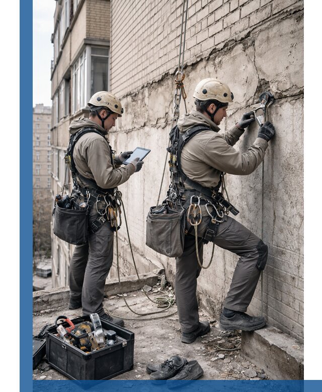 Обследование фасада промышленными альпинистами в Раменском